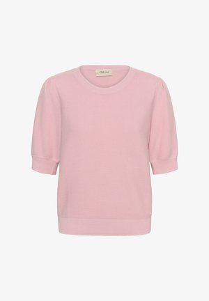 Haut en maille rose pâle à manches courtes avec encolure ronde et poignets ainsi que bordure en côtes, étiquette "CREAM" au col.