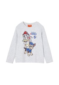 Gray long-sleeve t-shirt made from cotton featuring cartoon dogs. Text reads "WE ARE ALL HEROES" in blue above the illustration.