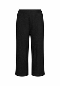Pantalons noirs coupés fabriqués à partir d'un tissu texturé, dotés d'une taille élastique et d'une coupe décontractée, avec un motif en zigzag sur la surface.