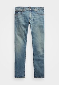 Modré džíny z denimu se střihem rovného nohavice, opotřebovanou texturou a jemným odbarvením. Mají přední zapínání na knoflík a pět kapes.