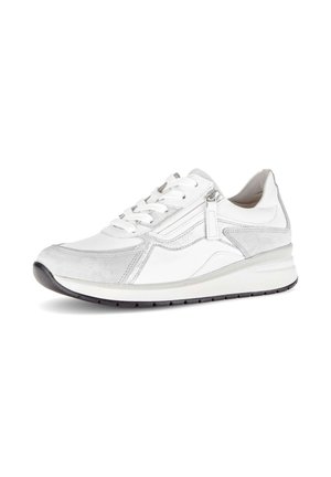 White and gray sneaker with lace-up front, side zipper, textured sole, and suede detailing on a plain white background.