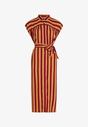 Vestido midi a rayas con mangas cortas, un botón frontal y cintura ceñida. Presenta rayas horizontales en rojo, amarillo y azul marino.
