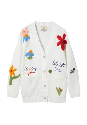 Cardigan alb cu flori brodate colorate, albine și textul „We belong together” și „let it bee”, cu buzunare frontale și nasturi multicolori.
