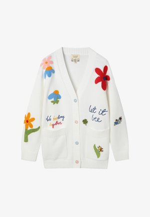 Fehér kardigán színes hímzett virágokkal, méhecskékkel, valamint a "We belong together" és "let it bee" feliratokkal, elülső zsebekkel és több színű gombokkal.