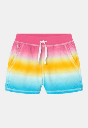 Short tie-dye pour filles avec ceinture rose, cordon blanc et dégradé de couleurs du rose au jaune puis au bleu, avec poches latérales.