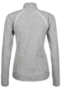 Grijze lange mouwen sportshirt met hoge kraag, gestructureerde stof, raglanmouwen en reflecterende accenten. Naaddetail langs de achterkant.