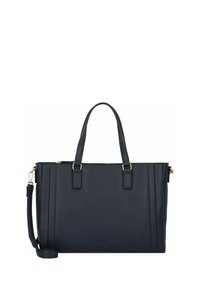 Donker marineblauwe leren totebag met dubbele handvatten, een verstelbare strap, gouden accenten, verticale stiksels en een gestroomlijnde rechthoekige vorm.