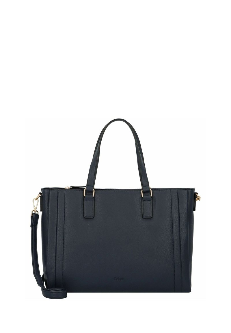 Donker marineblauwe leren totebag met dubbele handvatten, een verstelbare strap, gouden accenten, verticale stiksels en een gestroomlijnde rechthoekige vorm.