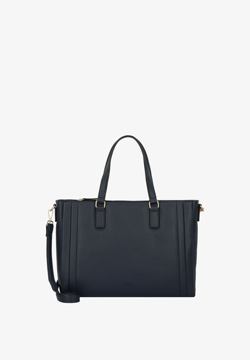 Borsa tote in pelle blu scuro con manici doppi, tracolla regolabile, dettagli dorati, cuciture verticali e forma rettangolare slanciata.