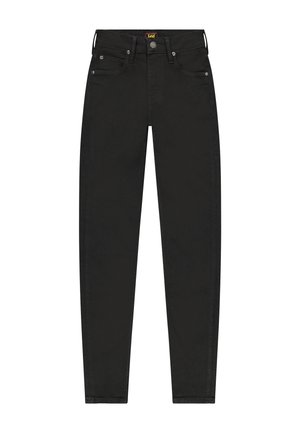 Vaqueros negros ajustados de cintura alta con cierre de botón y cremallera, trabillas para cinturón y bolsillos delanteros y traseros, etiqueta de la marca Lee en la cinturilla.