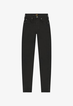 Mustad kõrge vöökohaga kitsad teksad, millel on nööbi- ja lukk-kinnitused, vööaasad ning esiküljel ja tagaküljel taskud, Lee brändi silt pihavööl.