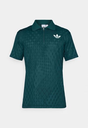 Teal polo shirt featuring a zippered collar, diamond pattern texture, and white logo accent on the left chest. Short sleeves.