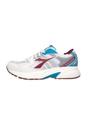 White athletic shoe with gray and teal accents, featuring mesh upper, padded collar, round toe, and rubber sole with maroon detailing.
