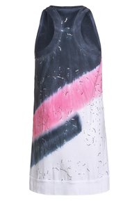 Bezrukávé tílko s diagonálním tie-dye vzorem v námořnické modré, růžové a bílé barvě, zdobené malými lesklými flitry po celém povrchu.