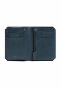 Dunkelblaues Lederportemonnaie mit mehreren Kartenfächern, einem Reißverschlussfach und einer glatten Oberfläche; verfügt über kontrastierende Nähte.