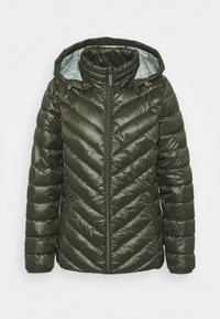 Dunkelgrüne, gesteppte Steppjacke mit Kapuze, vorderem Reißverschluss, zwei seitlichen Taschen und Chevron-Steppmuster.