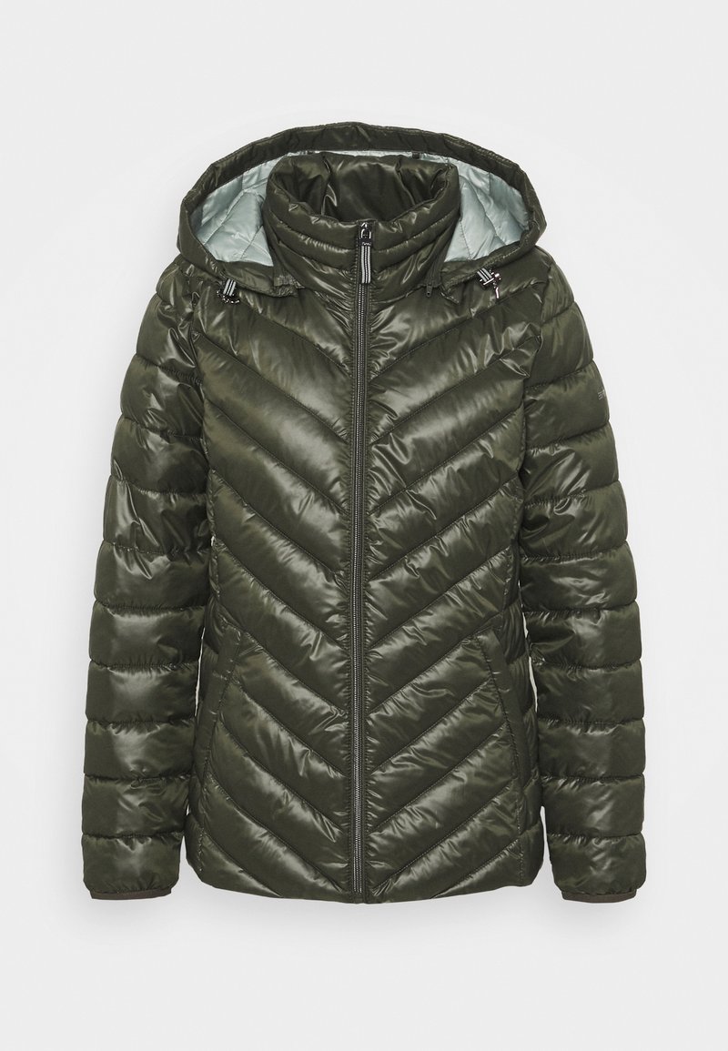 Dunkelgrüne, gesteppte Steppjacke mit Kapuze, vorderem Reißverschluss, zwei seitlichen Taschen und Chevron-Steppmuster.