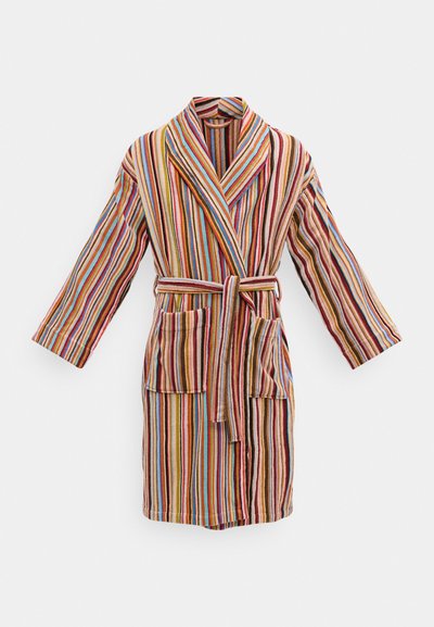 Peignoir à rayures en tissu éponge, avec des rayures verticales multicolores, un col châle, de larges manches et une ceinture à la taille, doté de deux poches avant.