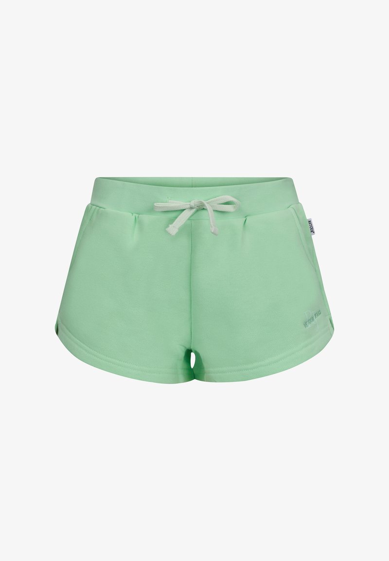 Miętoszowe bawełniane szorty z elastycznym pasem na sznurku, bocznymi kieszeniami i zaokrąglonym dołem. Zawierają mały detal z logo z przodu.