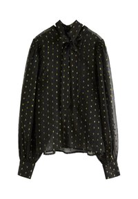 Sort bluse med gyldne geometriske mønstre, sløjfe-krave, lange puffærmer, lavet af gennemsigtigt stof, med knaplukning og sammensyning detaljer.
