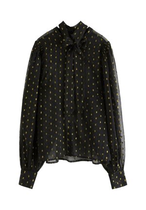 Černá blůza se zlatými geometrickými vzory, límec s mašlí, dlouhé nabírané rukávy, vyrobená z průsvitné látky, s knoflíkovým zapínáním a nabíranými detaily.