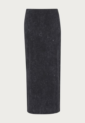 Jupe mi-longue ajustée en marine foncé avec un tissu lisse et légèrement texturé et des variations de motifs subtiles. Pas de fermetures ou de poches visibles.