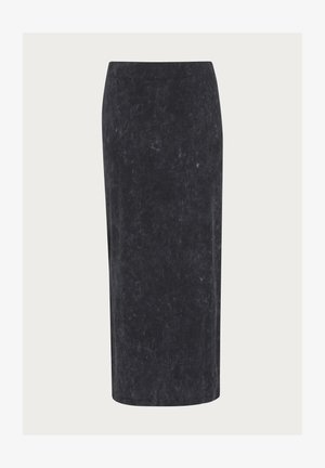 Jupe mi-longue ajustée en marine foncé avec un tissu lisse et légèrement texturé et des variations de motifs subtiles. Pas de fermetures ou de poches visibles.