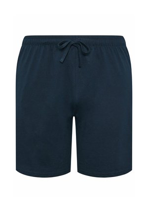Pantaloncini blu navy con cintura elastica e coulisse, mostrati distesi su uno sfondo bianco, senza loghi o motivi visibili.