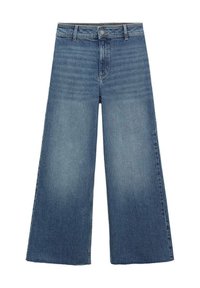 Jean denim bleu à jambes larges, taille haute, fermeture par boutons, passants pour ceinture, et détails délavés sur la partie avant des cuisses.