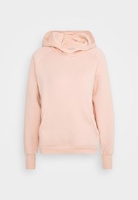 Světle růžová mikina s kapucí vyrobená z měkké tkaniny. Má prostornou kapuci, žebrované manžety a přední kapsu. Jednoduchý, nezdobený design.