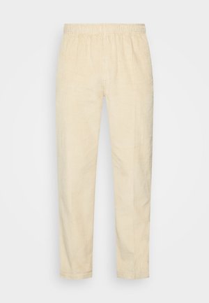 Beige corduroy broek met elastische tailleband en rechte pijpen, ontworpen voor casual gebruik.