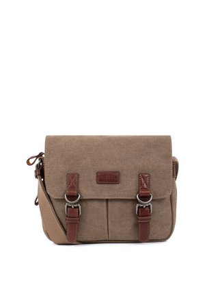 Sacoche messager en toile marron avec deux sangles à boucle en cuir et bandoulière réglable, placée sur fond blanc.