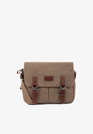Sacoche messager en toile marron avec deux sangles à boucle en cuir et bandoulière réglable, placée sur fond blanc.