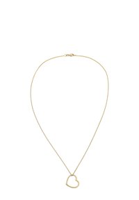 Guld kæde med en åben hjertevedhæng, elegant design, glat overflade og lås, der sikrer en sikker bæring.