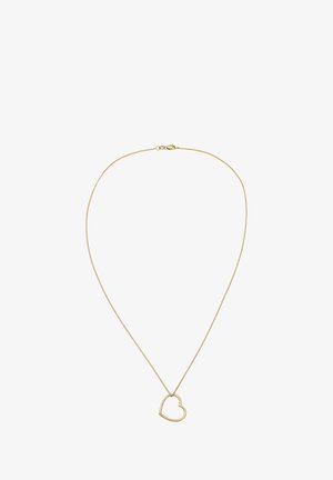 Guld kæde med en åben hjertevedhæng, elegant design, glat overflade og lås, der sikrer en sikker bæring.