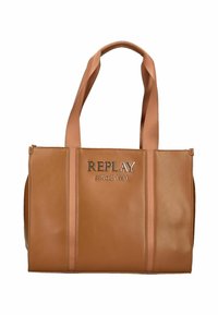 Brązowa torebka typu tote z imitacji skóry z podwójnymi uchwytami, wytłoczonym logo "REPLAY SINCE 1981" oraz prostokątnym designem. Prosta i funkcjonalna.