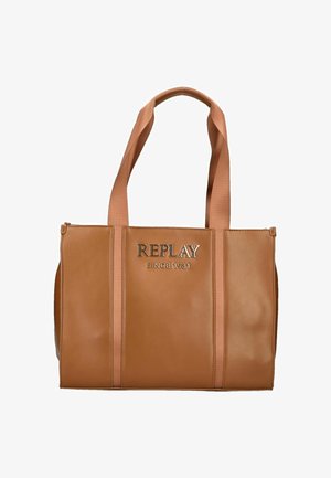 Bruine faux leren tote bag met dubbele handvatten, geperst "REPLAY SINCE 1981" logo en een schoon rechthoekig ontwerp. Eenvoudig en functioneel.