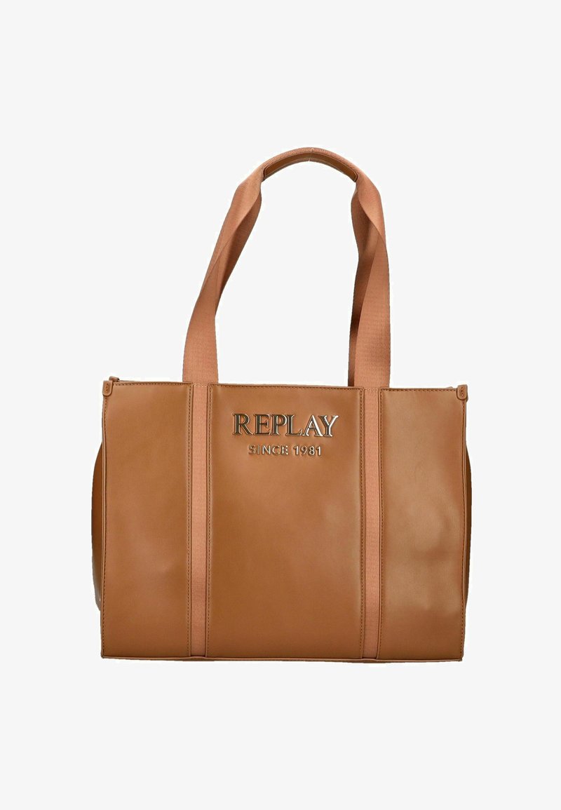 Sac fourre-tout en simili cuir brun avec double anses, logo embossé "REPLAY SINCE 1981" et design rectangulaire épuré. Simple et fonctionnel.