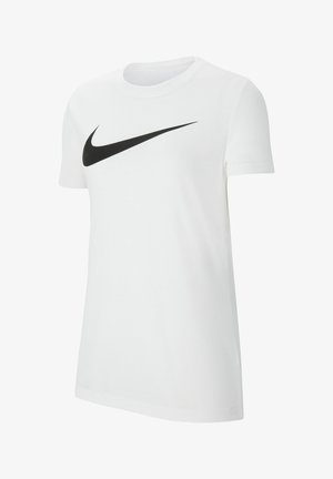 Witte katoenen t-shirt met een grote zwarte Nike swoosh-logo op de voorkant, korte mouwen en een ronde hals.