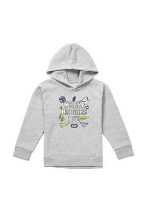 Light gray children's hoodie with Star Wars characters and text "WHERE HE GOES I GO" on front, featuring a front kangaroo pocket.