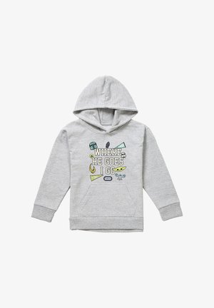 Hellgrauer Kinder-Hoodie mit Star Wars-Figuren und dem Text "WHERE HE GOES I GO" auf der Vorderseite, mit einer Kängurutasche vorne.