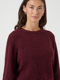 Mulher com cabelo longo e escuro, usando brincos dourados e um suéter de gola redonda de cor bordô, voltada para a frente contra um fundo claro e simples.
