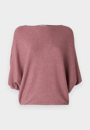 Pulôver oversized numa cor rosa suave, feito de um tecido macio e texturado, com um decote largo e mangas soltas e drapeadas.