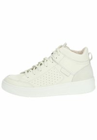 Hochschnitt-Sneaker aus weißem Leder mit strukturiertem Finish, perforierten Seitenpaneelen, gepolstertem Kragen und Gummisohle. Mit Schnürsenkeln.
