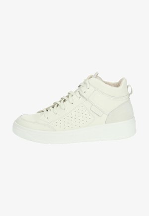Hochschnitt-Sneaker aus weißem Leder mit strukturiertem Finish, perforierten Seitenpaneelen, gepolstertem Kragen und Gummisohle. Mit Schnürsenkeln.