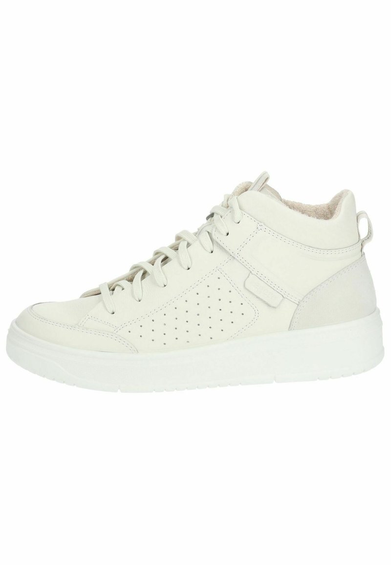 Hochschnitt-Sneaker aus weißem Leder mit strukturiertem Finish, perforierten Seitenpaneelen, gepolstertem Kragen und Gummisohle. Mit Schnürsenkeln.