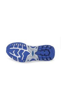 Semelle d'une chaussure de sport avec un design en caoutchouc bleu et blanc. Comprend un motif de traction multidirectionnel.