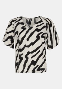 Blusa a maniche corte in tessuto leggero, con stampa a strisce zebrate bianco e nero, scollo a V e vestibilità rilassata. Accentuata da morbide pieghe.