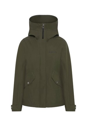 Tmavě zelená bunda s kapucí, předním zipem, dvěma klopovými kapsami na knoflíky a nastavitelnými manžetami.