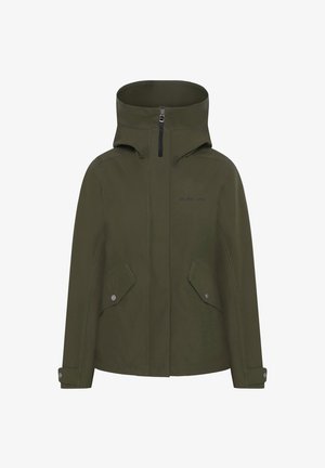 Tmavě zelená bunda s kapucí, předním zipem, dvěma klopovými kapsami na knoflíky a nastavitelnými manžetami.